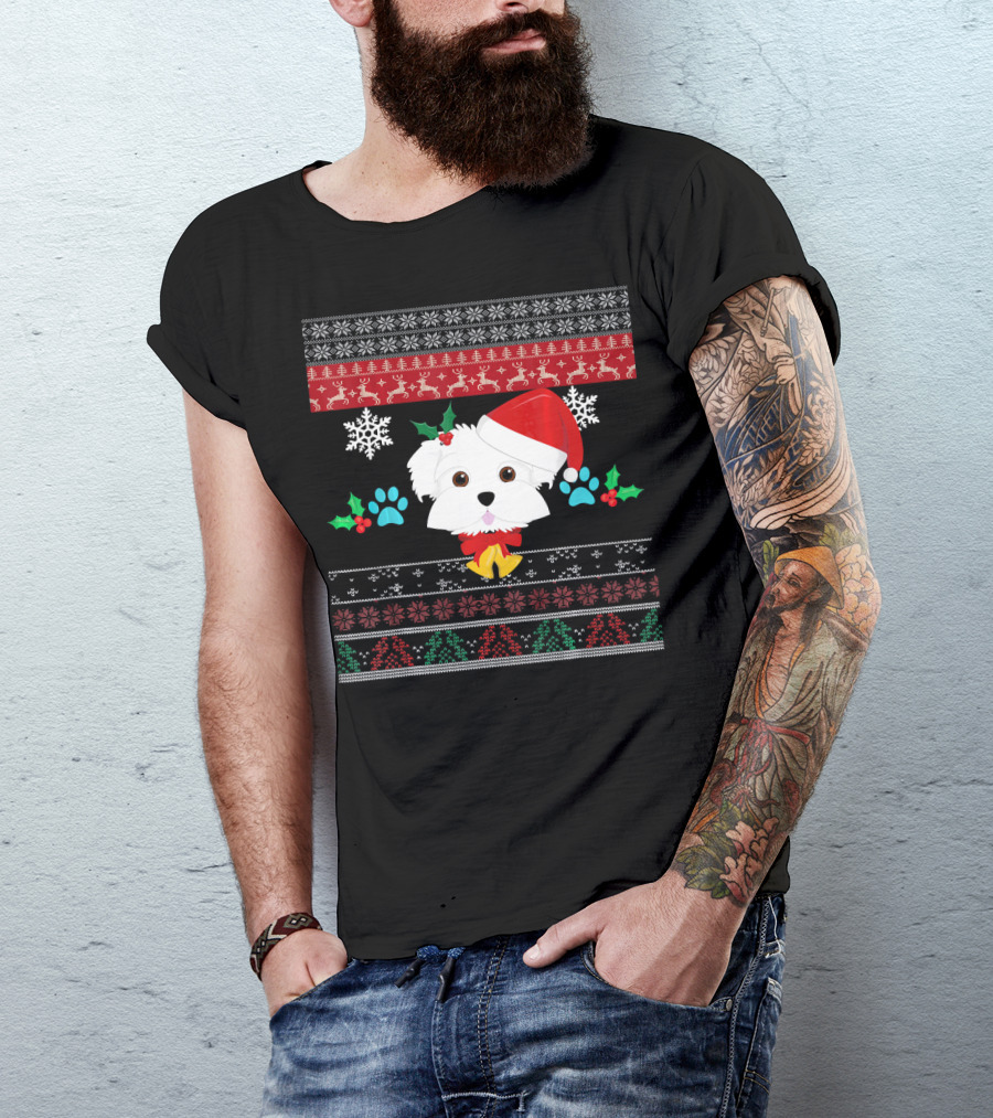 Maltese Dog Santa Hat Ugly Christmas Sweater Pattern Snowflakes Hollys Paws T-Shirt