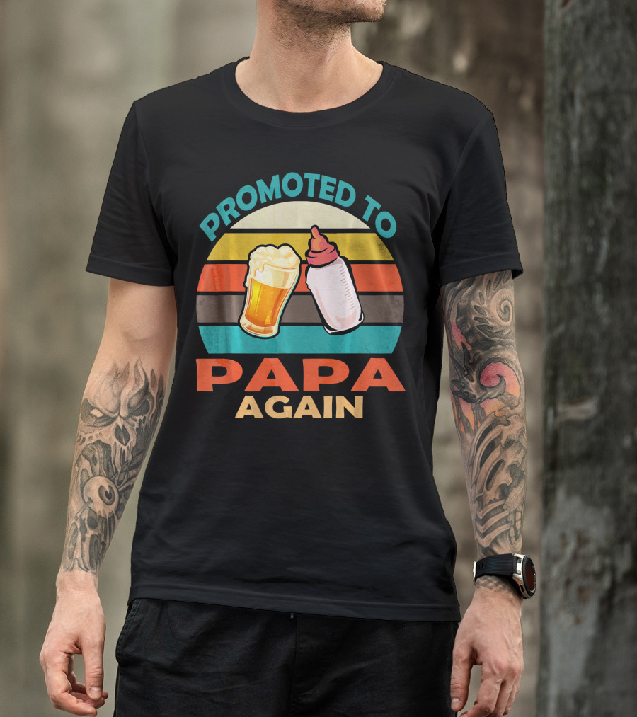 Promoted To Papa Again Vintage Beer And Baby Bottle T-Shirt