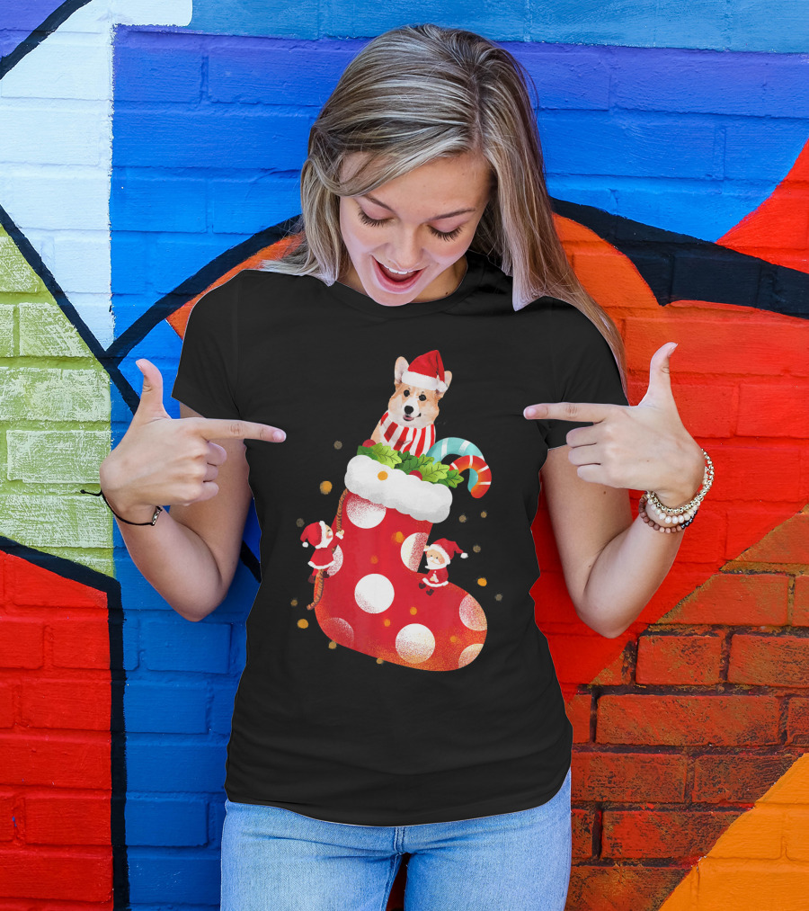 Christmas Corgi Dog In Santa Hat And Striped Scarf In Festive Stocking With Candy Cane T-Shirt