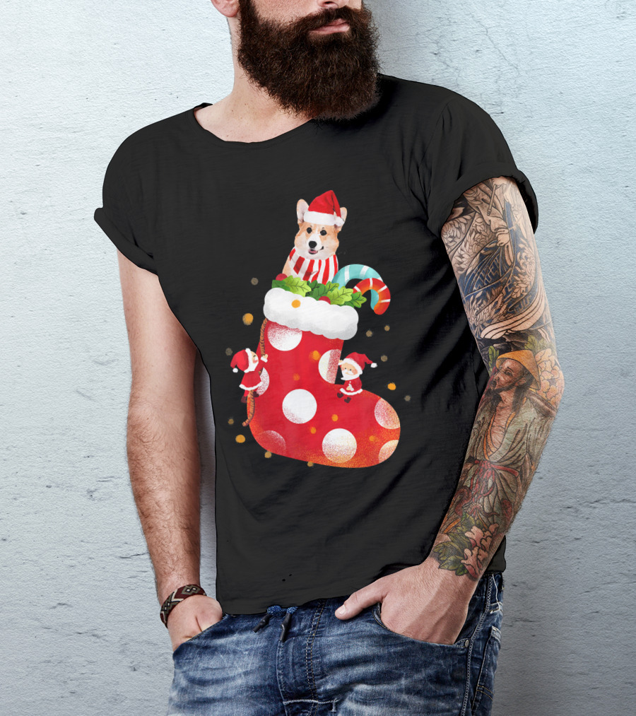 Christmas Corgi Dog In Santa Hat And Striped Scarf In Festive Stocking With Candy Cane T-Shirt