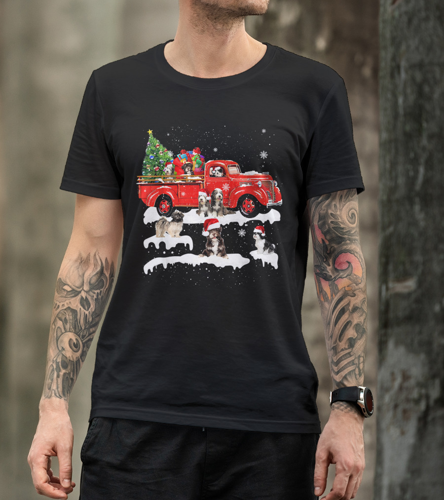 Tibetan Terrier Santa Hats Riding Red Truck With Christmas Tree And Gifts Snowflakes T-Shirt