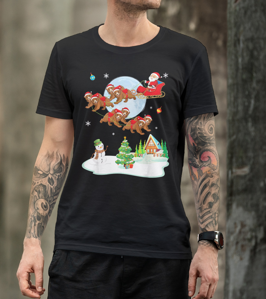 Santa Claus Sleigh With Bears And Snowman By Moonlit Cabin Noel T-Shirt