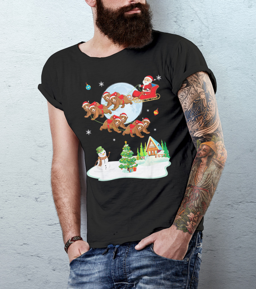 Santa Claus Sleigh With Bears And Snowman By Moonlit Cabin Noel T-Shirt
