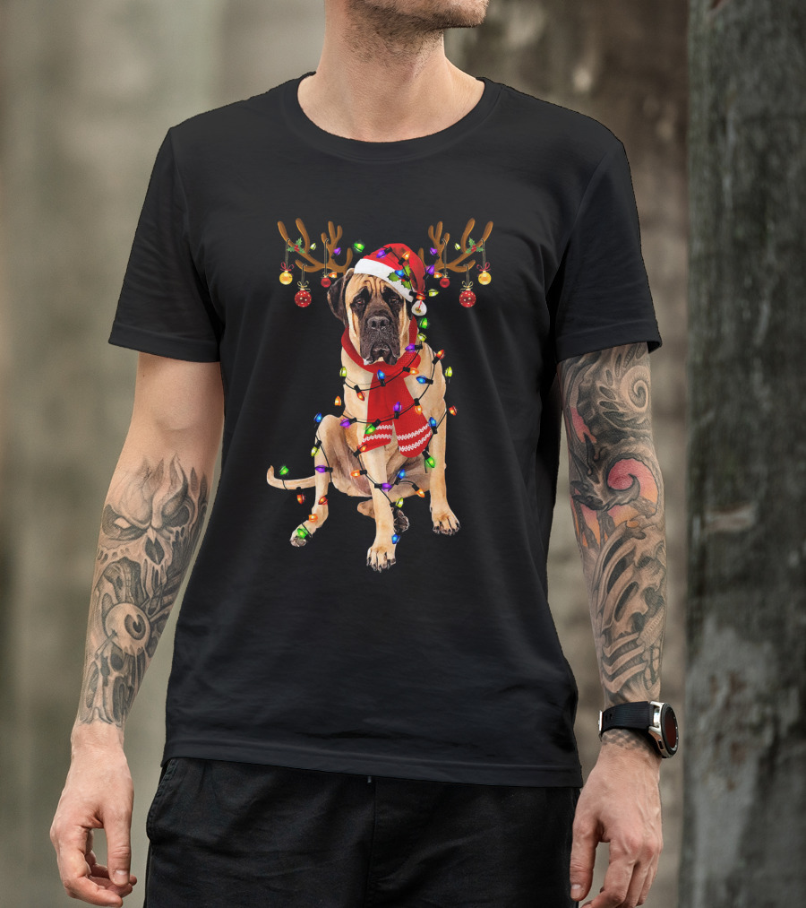 English Mastiff Christmas Lights Reindeer Antlers Santa Hat Scarf T-Shirt