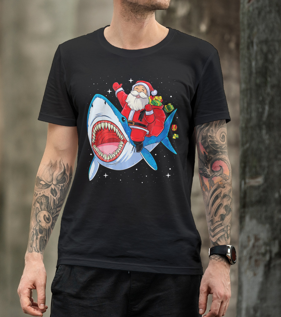 Christmas Kids Santa Riding Shark With Gifts T-Shirt