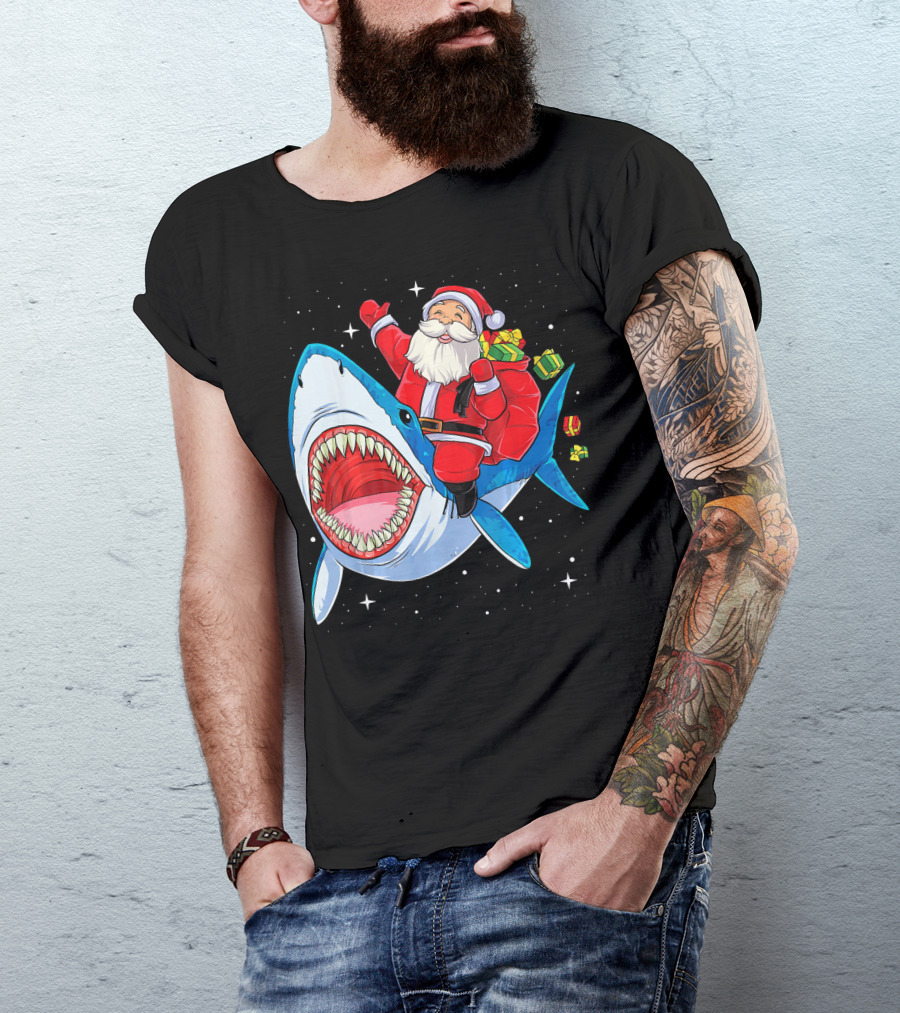 Christmas Kids Santa Riding Shark With Gifts T-Shirt