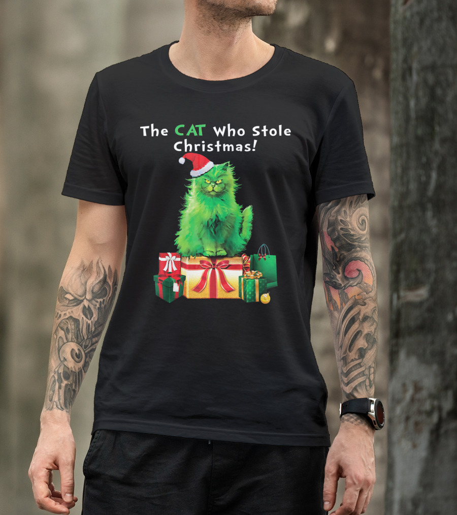 The CAT Who Stole Christmas Holiday Purr With Santa Hat And Gifts T-Shirt
