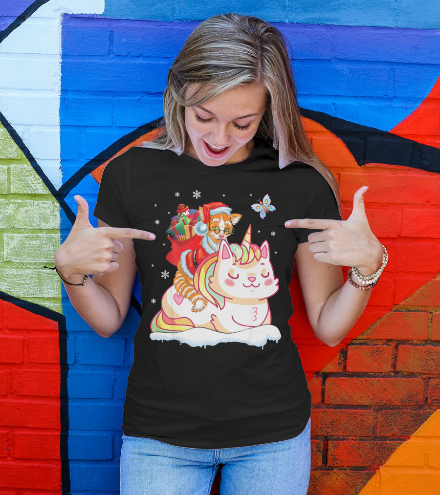 Santa Cat Riding Unicorn With Christmas Presents And Butterfly T-Shirt