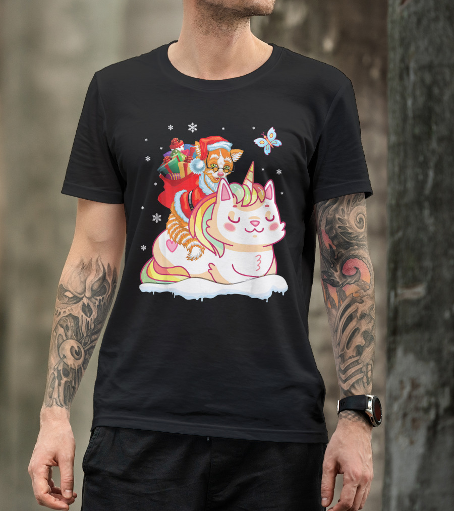 Santa Cat Riding Unicorn With Christmas Presents And Butterfly T-Shirt