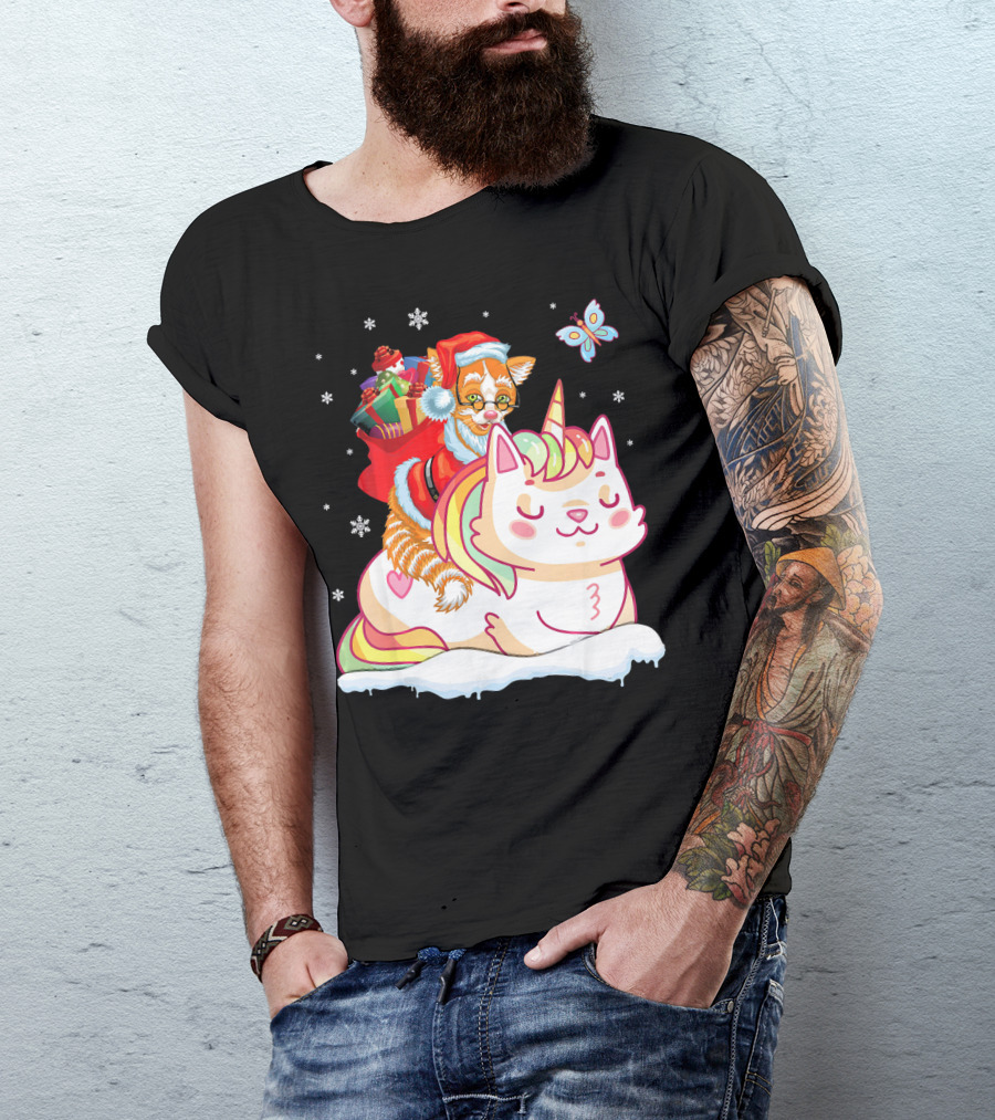 Santa Cat Riding Unicorn With Christmas Presents And Butterfly T-Shirt