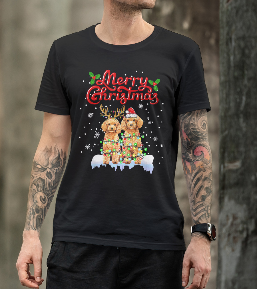Merry Christmas Poodle Lights Funny Dog Matching T-Shirt