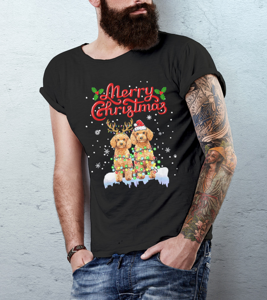 Merry Christmas Poodle Lights Funny Dog Matching T-Shirt