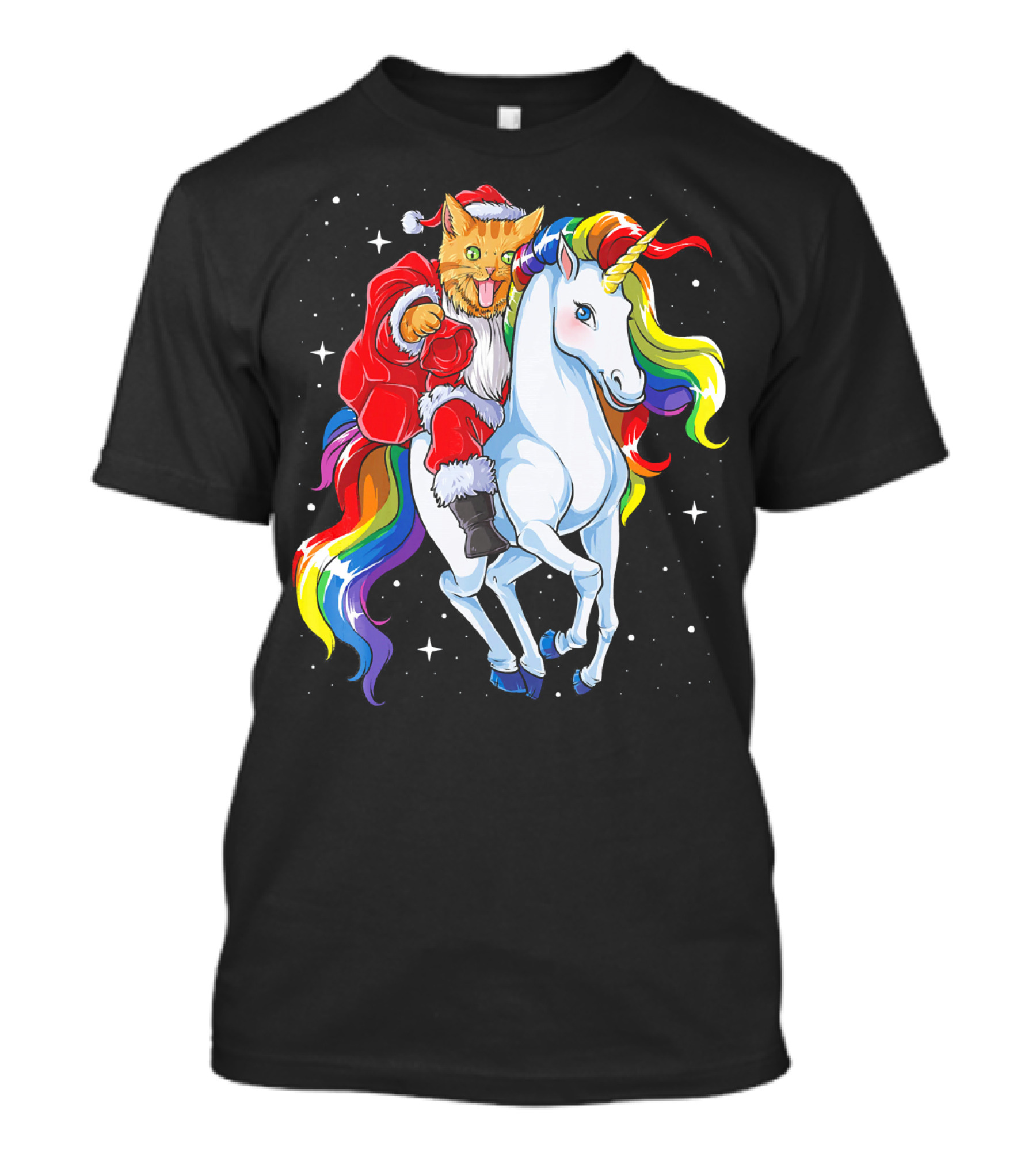 Cat Santa Riding Rainbow Unicorn Christmas Girl T-Shirt