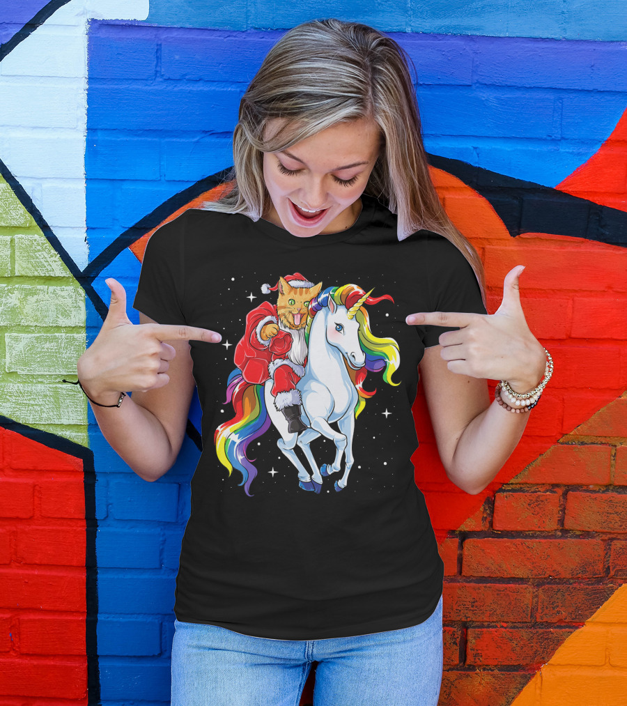 Cat Santa Riding Rainbow Unicorn Christmas Girl T-Shirt