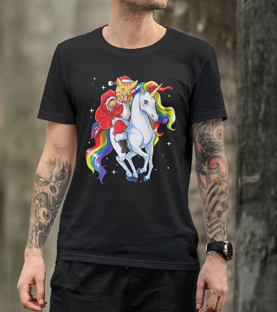 Cat Santa Riding Rainbow Unicorn Christmas Girl T-Shirt