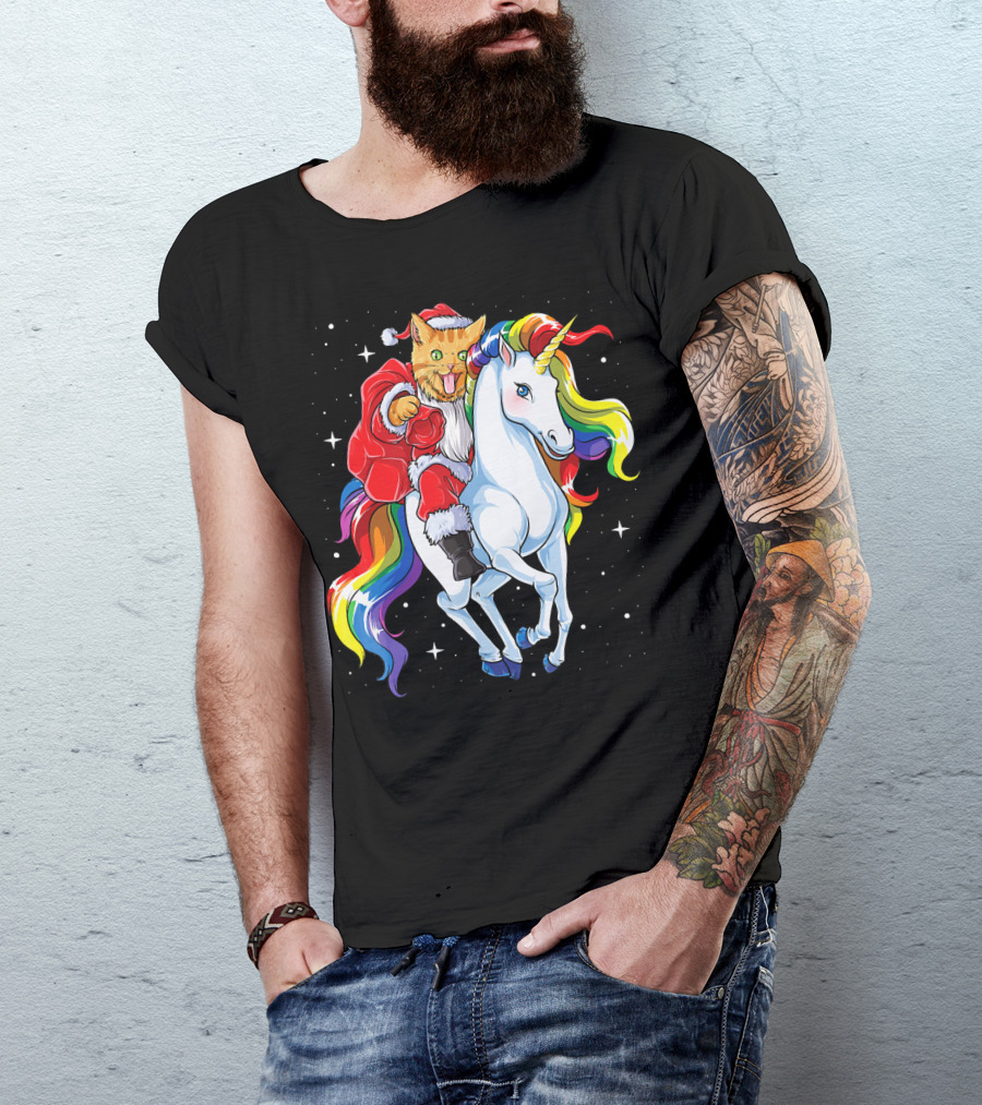 Cat Santa Riding Rainbow Unicorn Christmas Girl T-Shirt