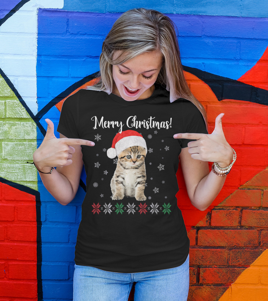 Merry Christmas Cat Wearing Santa Hat With Snowflakes And Festive Stars T-Shirt