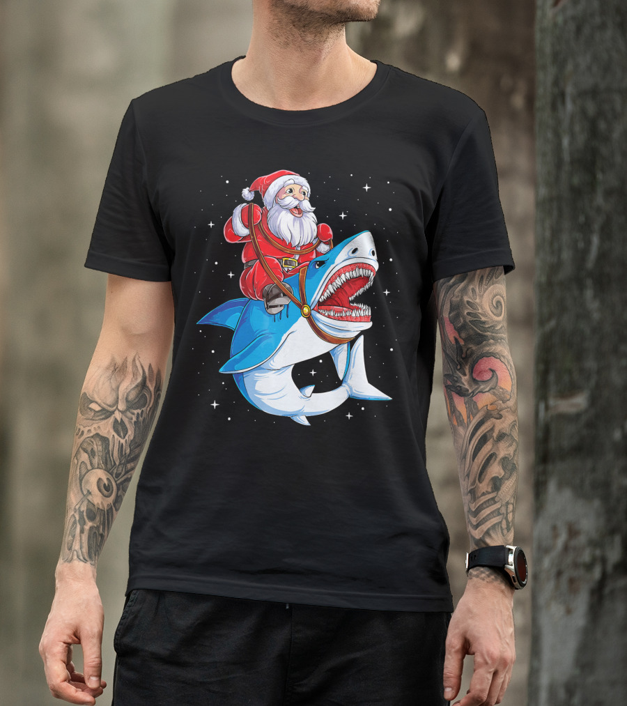 Santa Riding Shark Christmas Boys Santa Shark T-Shirt