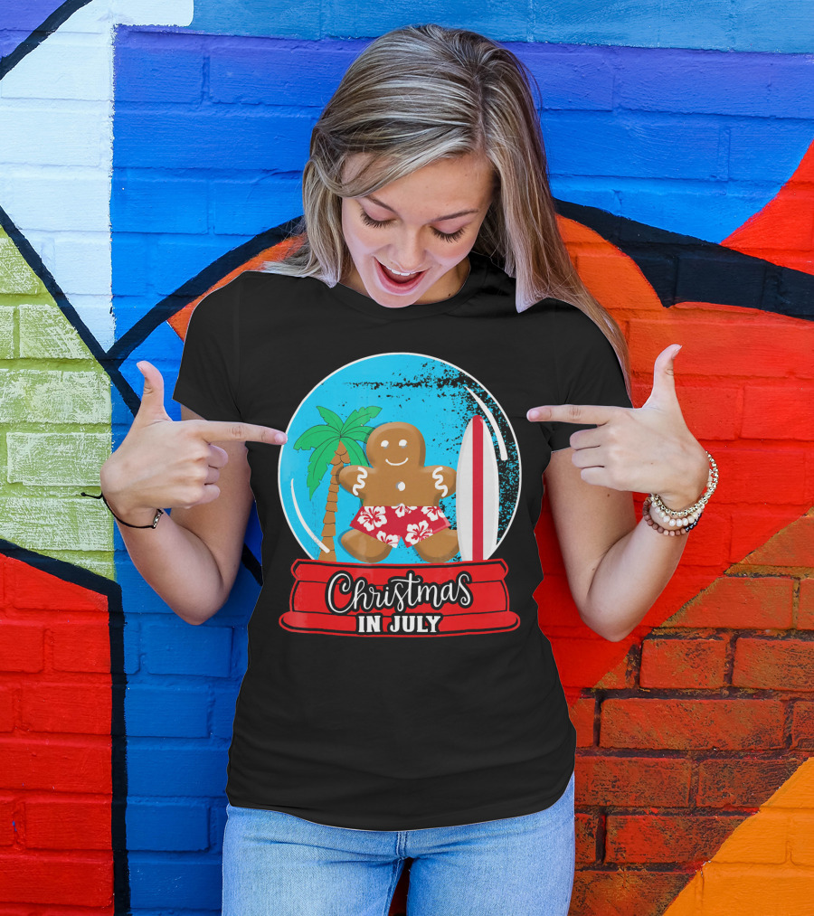 Christmas In July Surfing Gingerbread Snow Globe T-Shirt