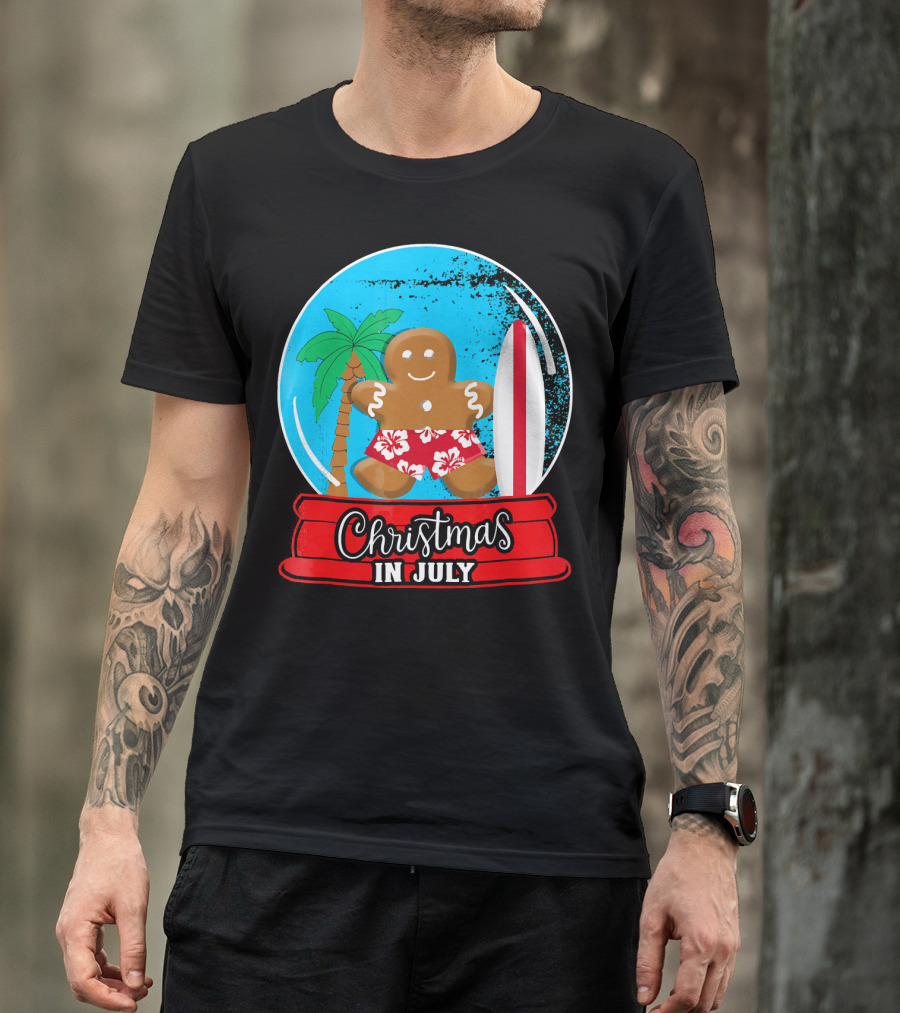 Christmas In July Surfing Gingerbread Snow Globe T-Shirt