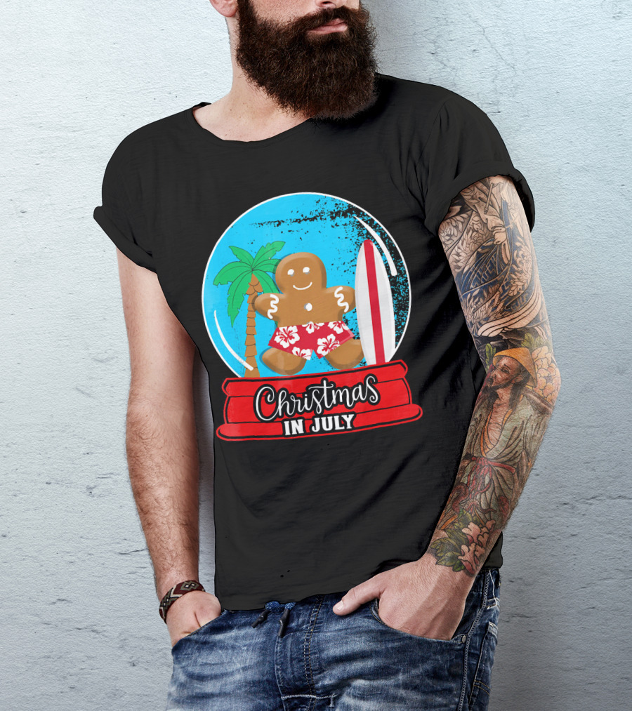 Christmas In July Surfing Gingerbread Snow Globe T-Shirt