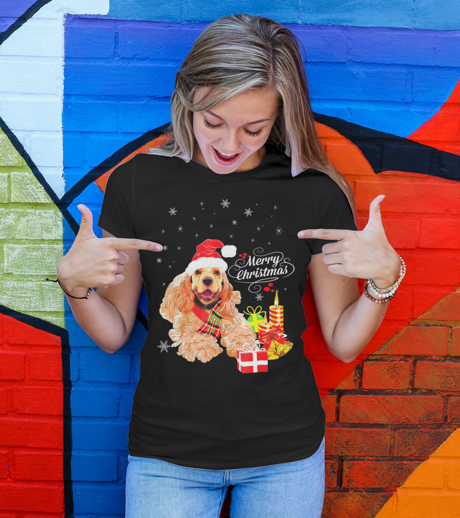 Cocker Spaniel Merry Christmas Santa Hat Candles Gifts Snowflakes T-Shirt