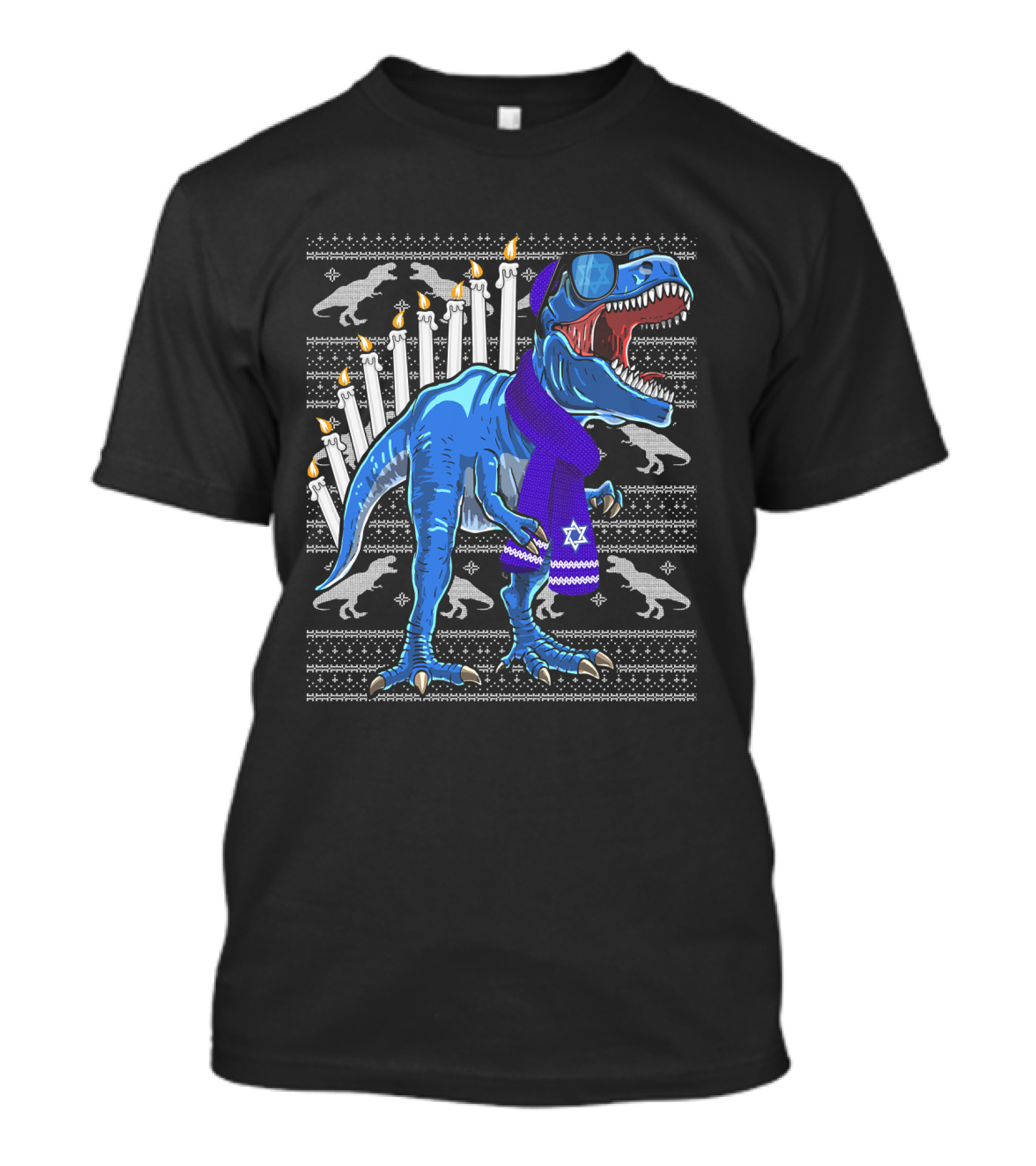 Menorasaurus Rex Dinosaur Wearing Blue Scarf And Sunglasses With Candles And Dinosaur T-Shirt
