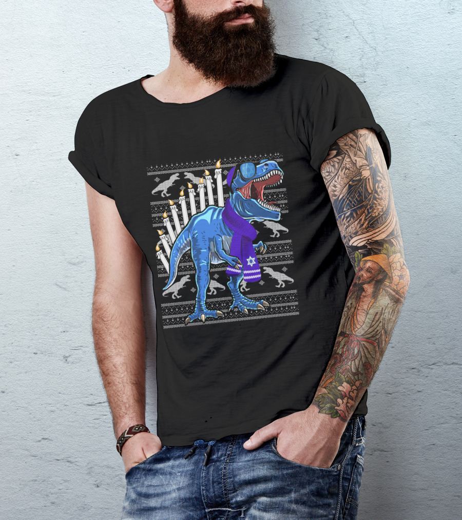 Menorasaurus Rex Dinosaur Wearing Blue Scarf And Sunglasses With Candles And Dinosaur T-Shirt