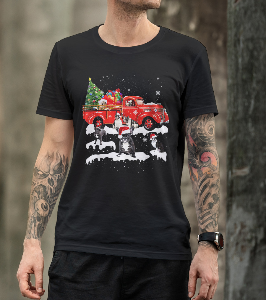 French Bulldog Christmas Red Truck With Santa Hats And Gifts T-Shirt