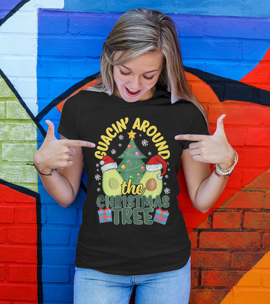 Guacin' Around The Christmas Tree Snowflakes Presents Santa Hats T-Shirt