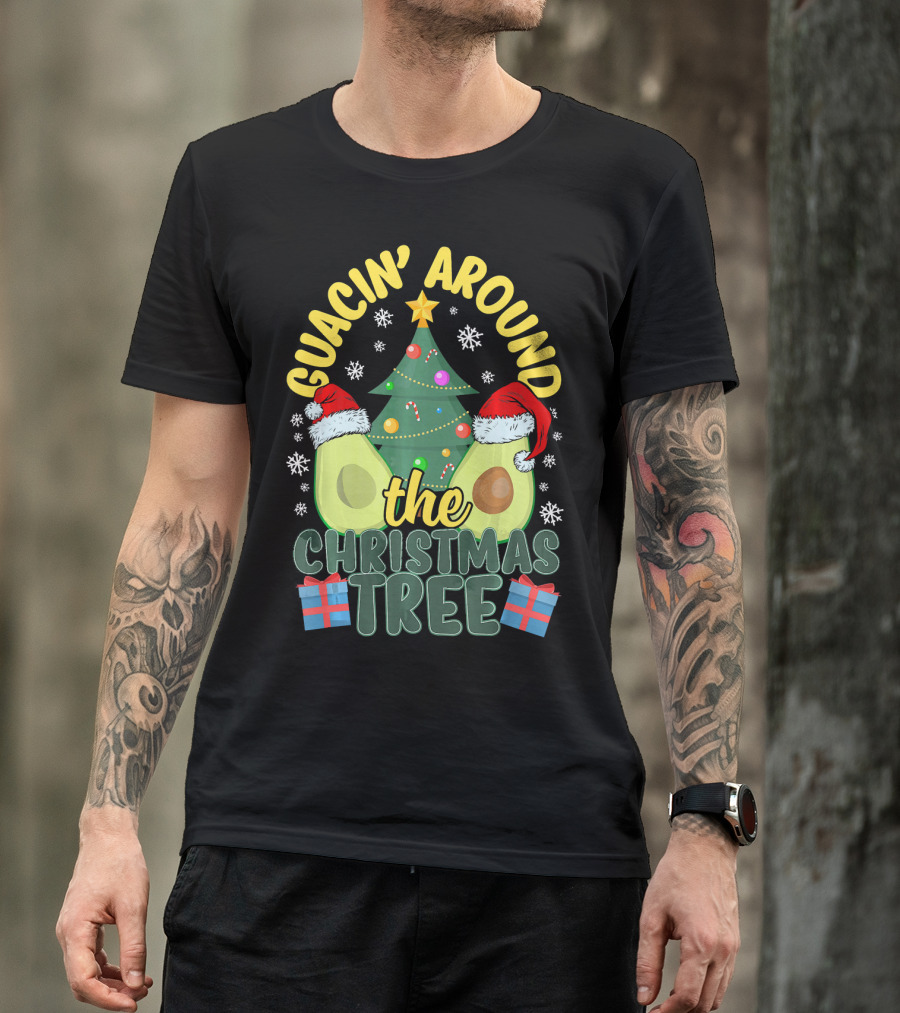 Guacin' Around The Christmas Tree Snowflakes Presents Santa Hats T-Shirt