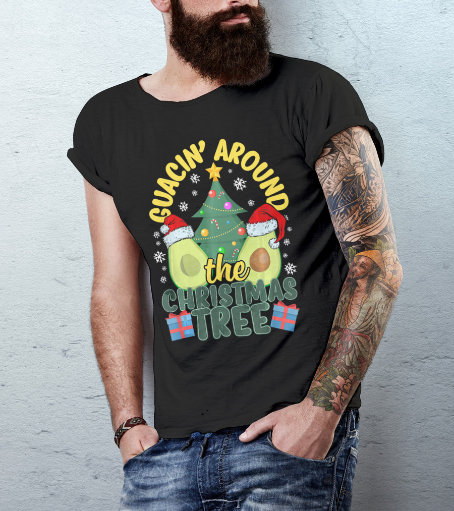 Guacin' Around The Christmas Tree Snowflakes Presents Santa Hats T-Shirt