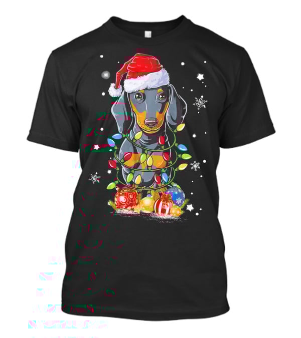 Dachshund Wrapped In Christmas Lights With Santa Hat And Ornaments T-Shirt