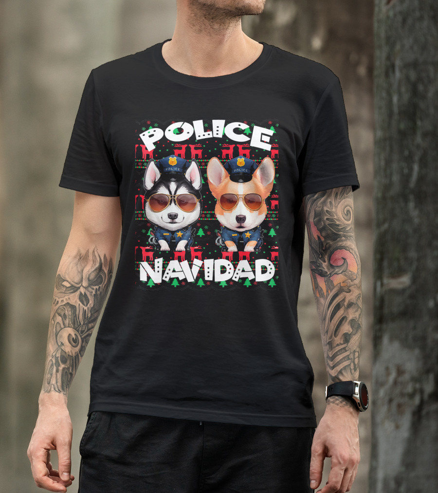 Police Navidad Ugly Christmas Dog Cops With Sunglasses T-Shirt
