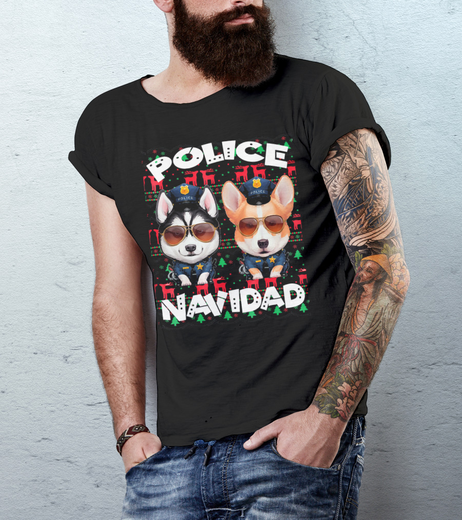 Police Navidad Ugly Christmas Dog Cops With Sunglasses T-Shirt