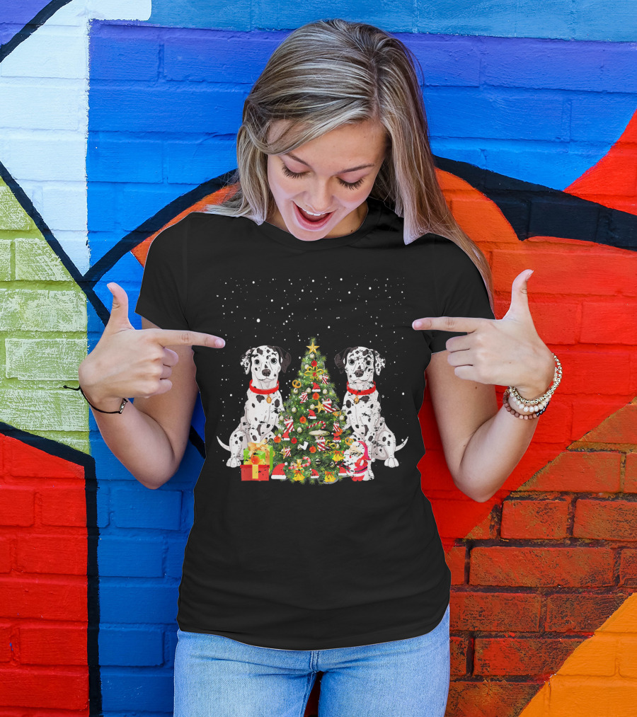Dalmatian Christmas Tree Dalmatian Holiday Costume With Gifts And Santa T-Shirt