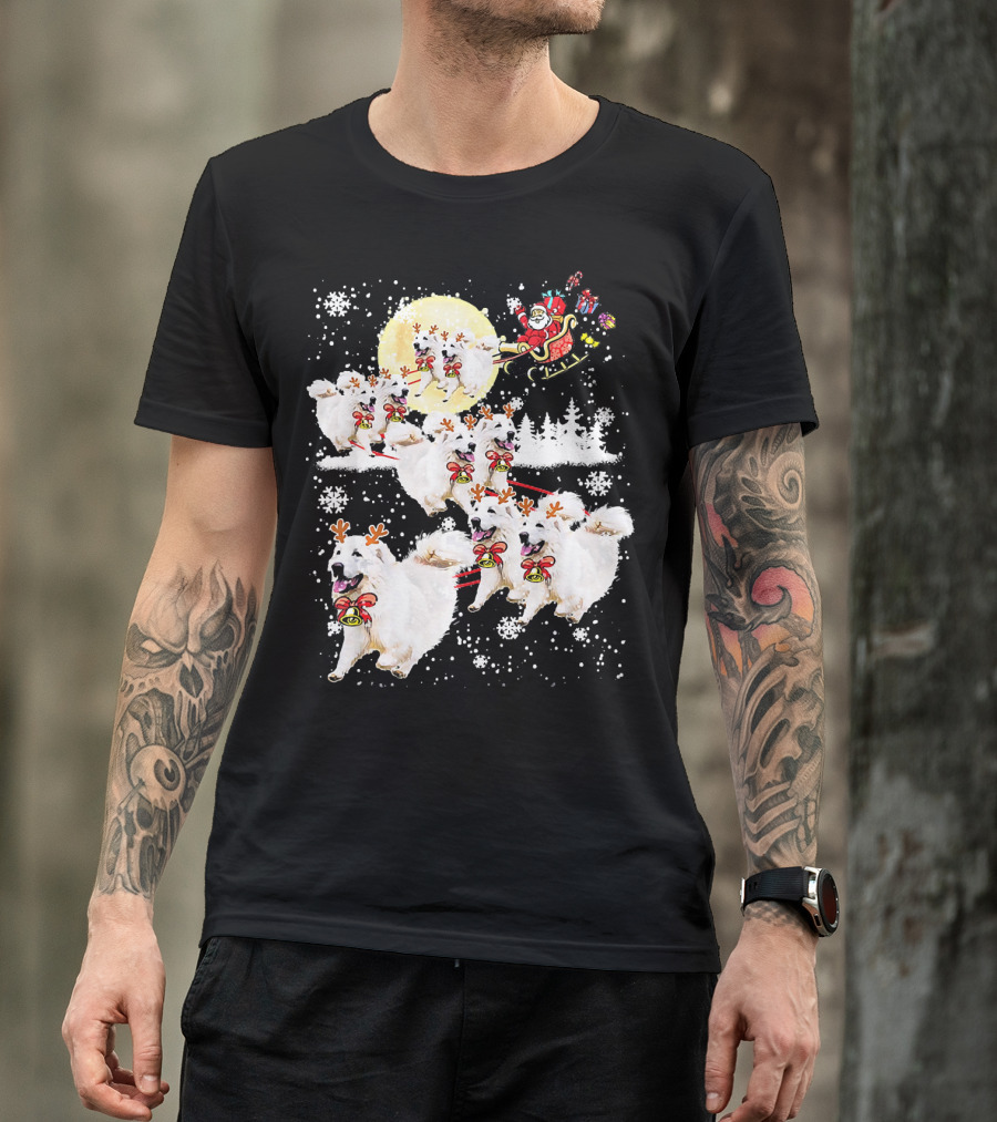 Great Pyrenees Reindeer Santa Christmas With Sleigh And Snowflakes T-Shirt