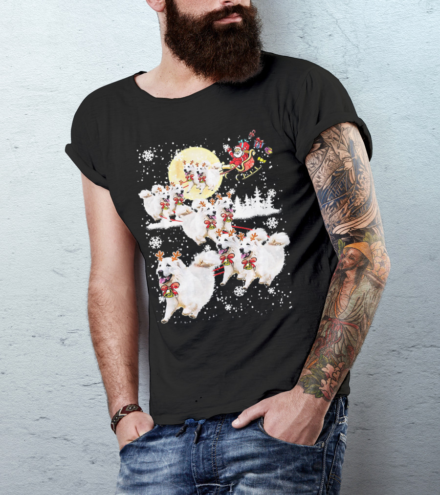 Great Pyrenees Reindeer Santa Christmas With Sleigh And Snowflakes T-Shirt