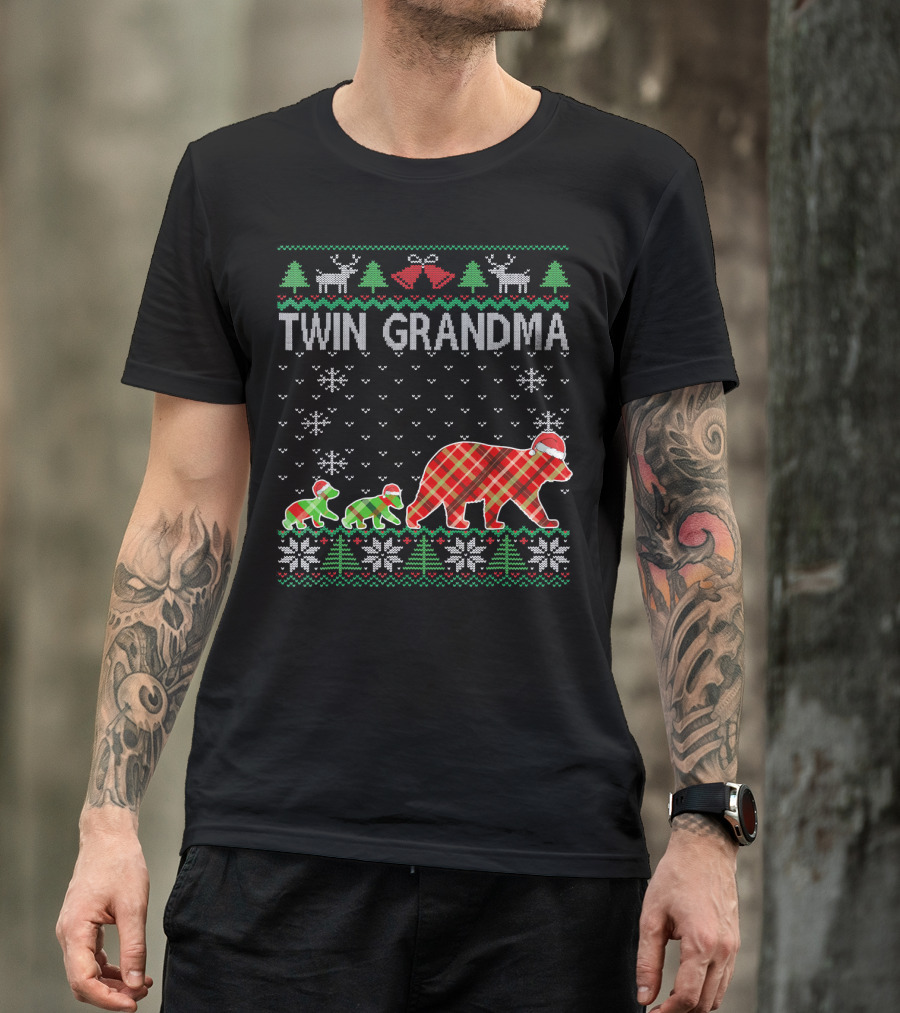 Twin Grandma Matching Ugly Christmas Plaid Bear Family Snowflakes Trees T-Shirt