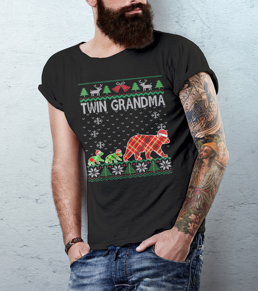 Twin Grandma Matching Ugly Christmas Plaid Bear Family Snowflakes Trees T-Shirt