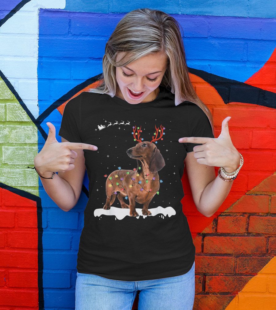 Reindeer Dachshund With Holiday Lights And Santa Sleigh T-Shirt