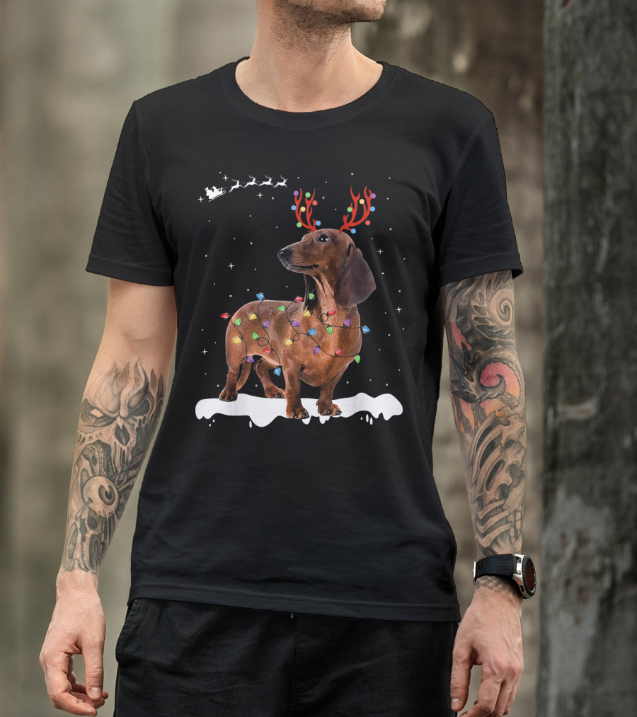 Reindeer Dachshund With Holiday Lights And Santa Sleigh T-Shirt