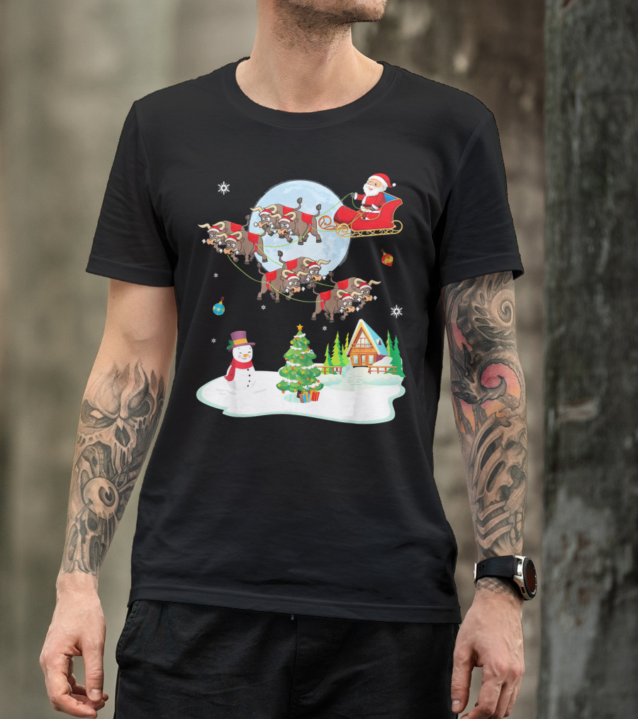 Santa Claus Buffalo Sleigh Snowman Christmas Scene T-Shirt
