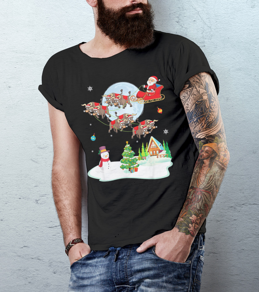 Santa Claus Buffalo Sleigh Snowman Christmas Scene T-Shirt