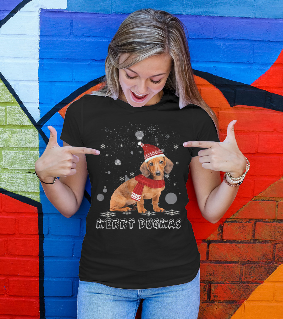 Merry Dogmas Dachshund Dog In Snow With Santa Hat And Scarf T-Shirt