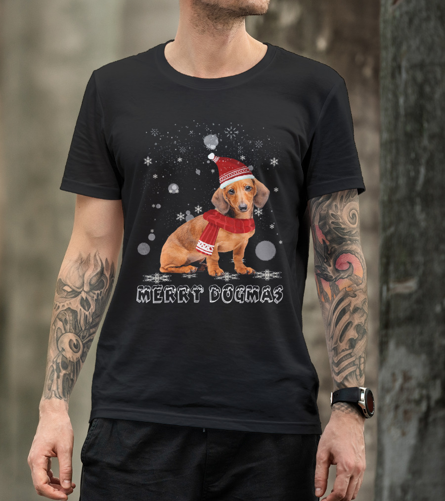 Merry Dogmas Dachshund Dog In Snow With Santa Hat And Scarf T-Shirt