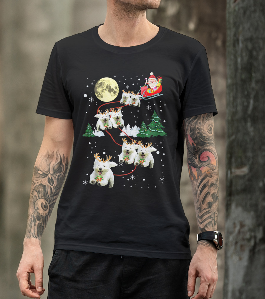 Santa Sleigh With Westie Reindeer Christmas Moon And Trees T-Shirt