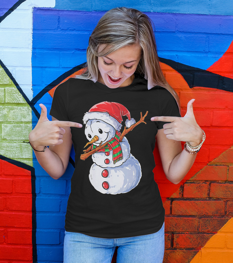 Festive Snowman With Santa Hat And Striped Scarf T-Shirt