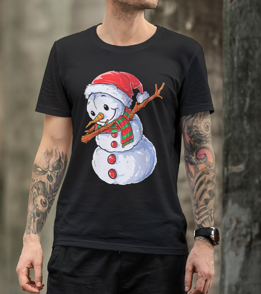 Festive Snowman With Santa Hat And Striped Scarf T-Shirt