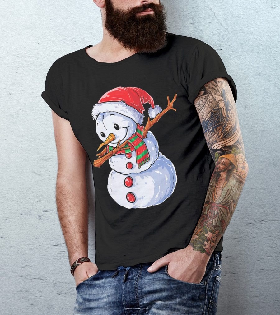 Festive Snowman With Santa Hat And Striped Scarf T-Shirt
